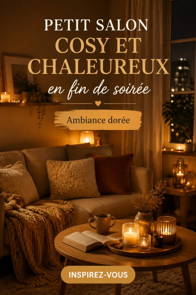 Petit salon cosy avec éclairage doux et textiles chaleureux