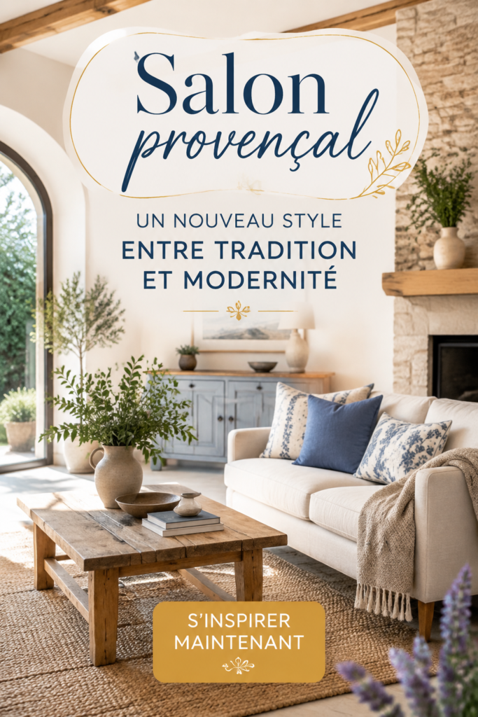 Salon décoré dans un style provençal alliant tradition et modernité, avec des meubles en bois et des touches contemporaines.