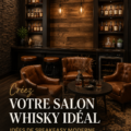 Salon décoré dans un style speakeasy moderne, avec un coin whisky