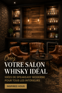 Salon décoré dans un style speakeasy moderne, avec un coin whisky
