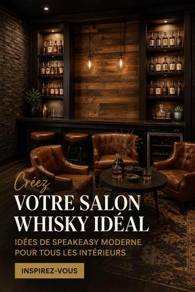 Salon décoré dans un style speakeasy moderne, avec un coin whisky