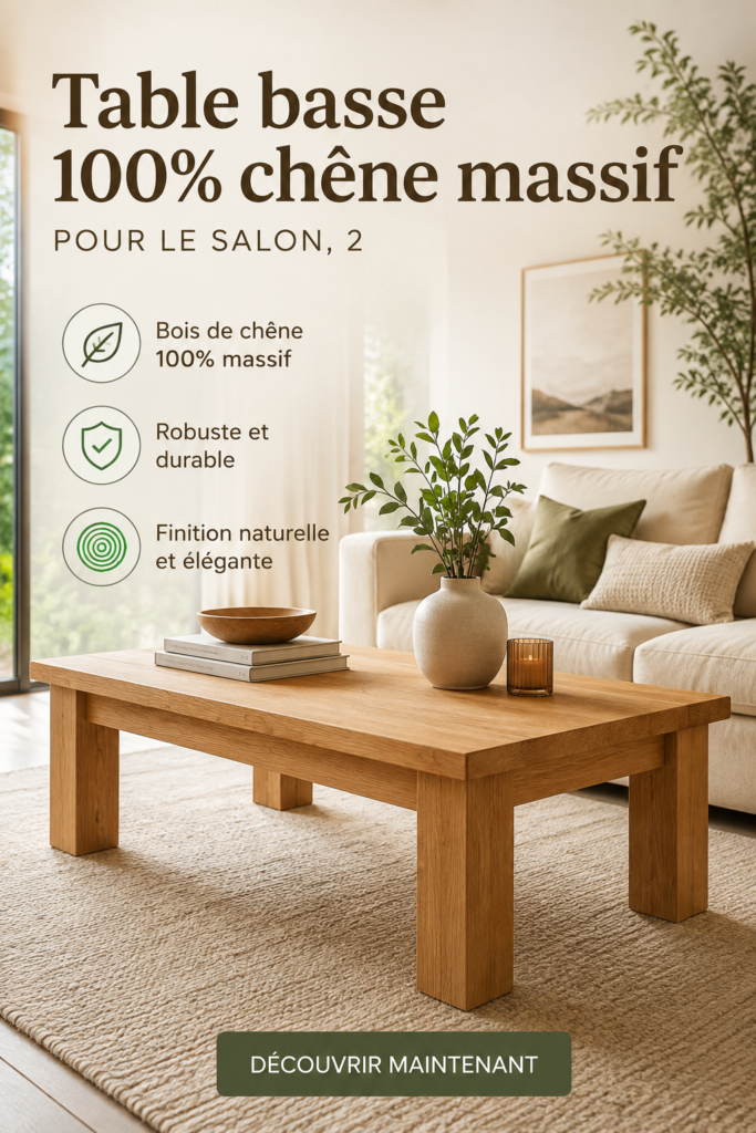 Table basse en chêne massif élégamment disposée dans un salon moderne