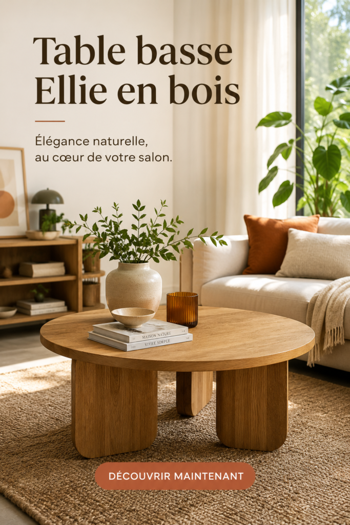 Table basse Ellie Wood dans un salon moderne, mettant en avant son design élégant.