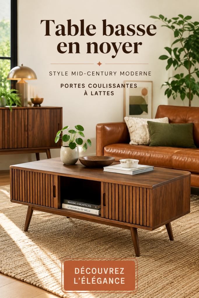 Table basse en noyer moderne au design Mid-Century dans un salon élégant.