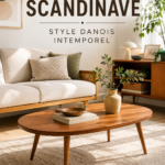 Table basse scandinave en bois clair dans un salon moderne, soulignant l'élégance et la praticité.