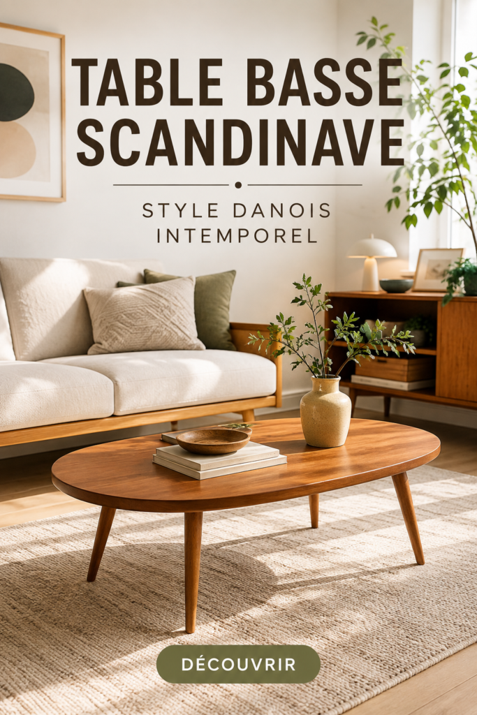 Table basse scandinave en bois clair dans un salon moderne, soulignant l'élégance et la praticité.