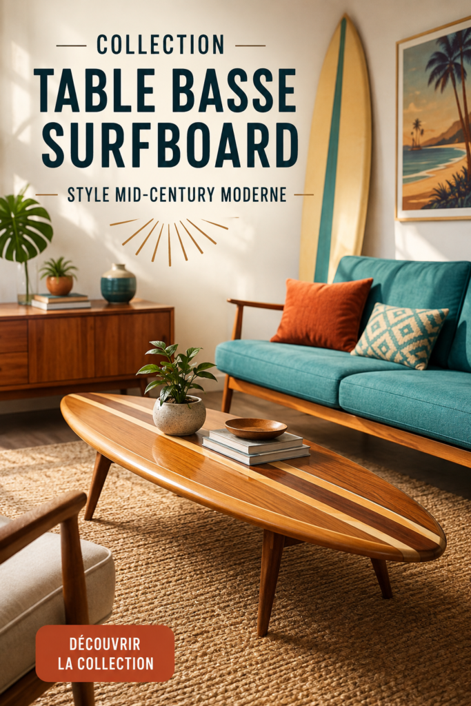 Une table basse surfboard vintage en bois dans un salon chaleureux