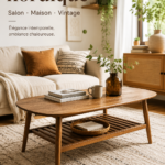 Table basse vintage nordique dans un salon chaleureux