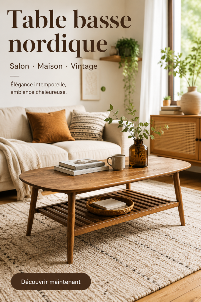 Table basse vintage nordique dans un salon chaleureux
