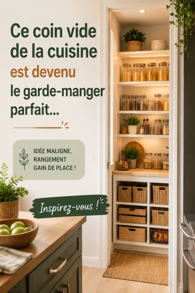 Un coin de cuisine transformé en petite pantry avec des étagères organisées.