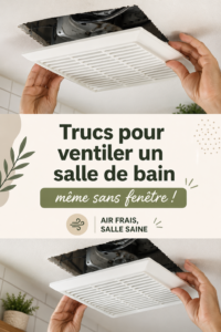 Salle de bains moderne sans fenêtre avec des éléments d'aération et plantes vertes.