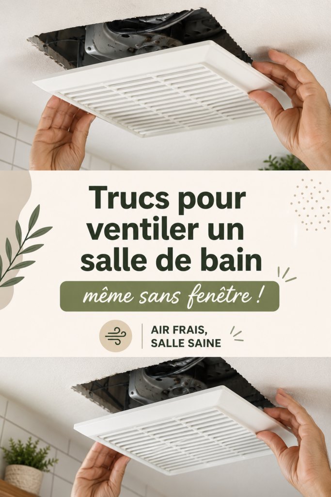 Salle de bains moderne sans fenêtre avec des éléments d'aération et plantes vertes.