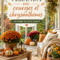 Véranda décorée avec des courges colorées et des chrysanthèmes fleuris pour un look automnal.