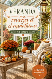 Véranda décorée avec des courges colorées et des chrysanthèmes fleuris pour un look automnal.