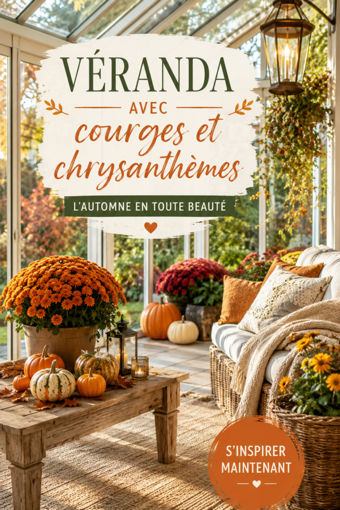 Véranda décorée avec des courges colorées et des chrysanthèmes fleuris pour un look automnal.