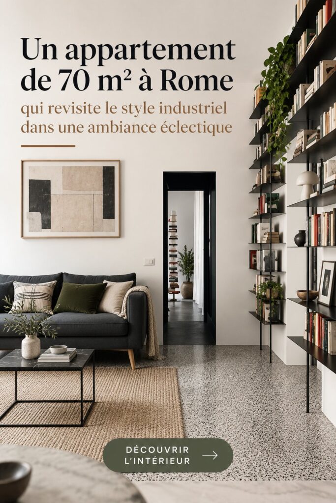 Appartement de 70 m² avec un style industriel et une décoration éclectique, mettant en avant des matériaux bruts et des touches modernes.