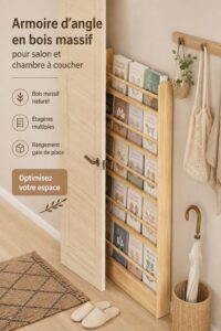 Armoire d'angle en bois massif bien organisée dans un salon chaleureux.