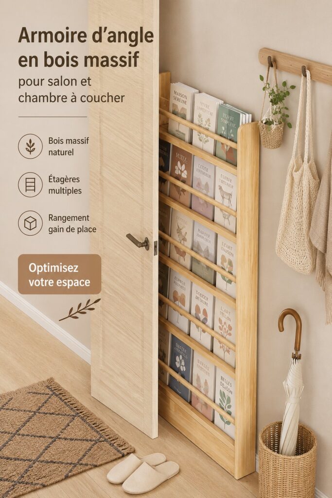 Armoire d'angle en bois massif bien organisée dans un salon chaleureux.