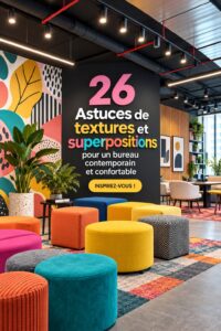Bureau contemporain avec des textures chaleureuses et accueillantes