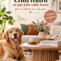 Un salon chaleureux avec un chien et une élégante table basse en bois.