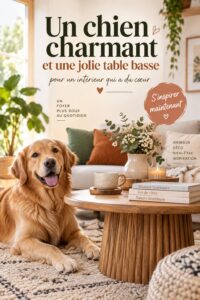 Un salon chaleureux avec un chien et une élégante table basse en bois.