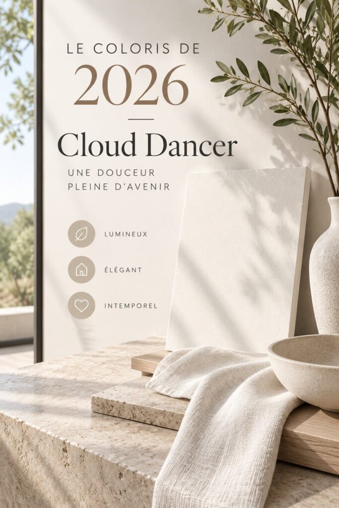 Salon décoré avec la couleur tendance Cloud Dancer, créant une atmosphère apaisante.