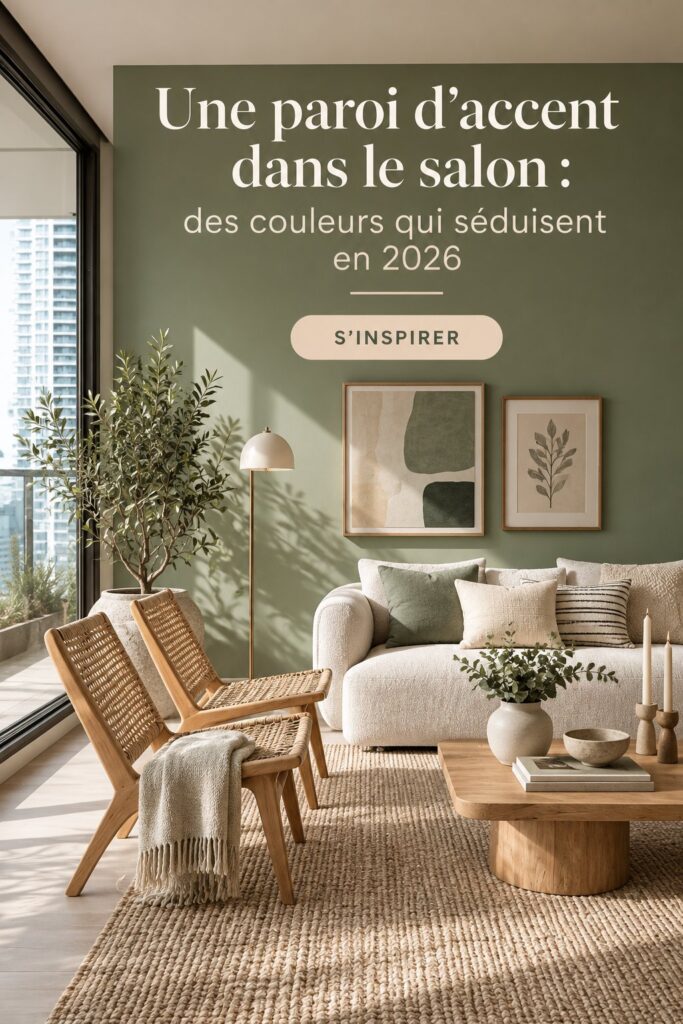 Salon avec un mur peint en couleur tendance en 2026, chaleureux et accueillant.