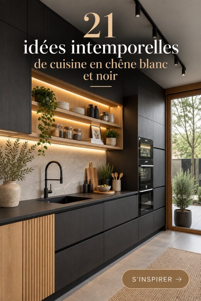 Cuisine moderne avec des meubles en chêne blanc et des accents noirs, créant une ambiance chaleureuse.