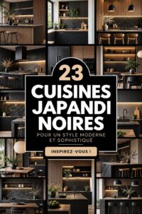 Cuisine moderne Japandi noire avec des accents en bois.