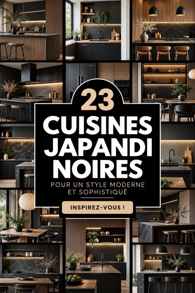 Cuisine moderne Japandi noire avec des accents en bois.