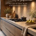 Cuisine Japandi minimaliste avec des éléments en bois et des accessoires épurés.