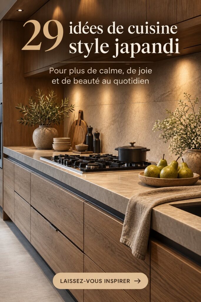 Cuisine Japandi minimaliste avec des éléments en bois et des accessoires épurés.