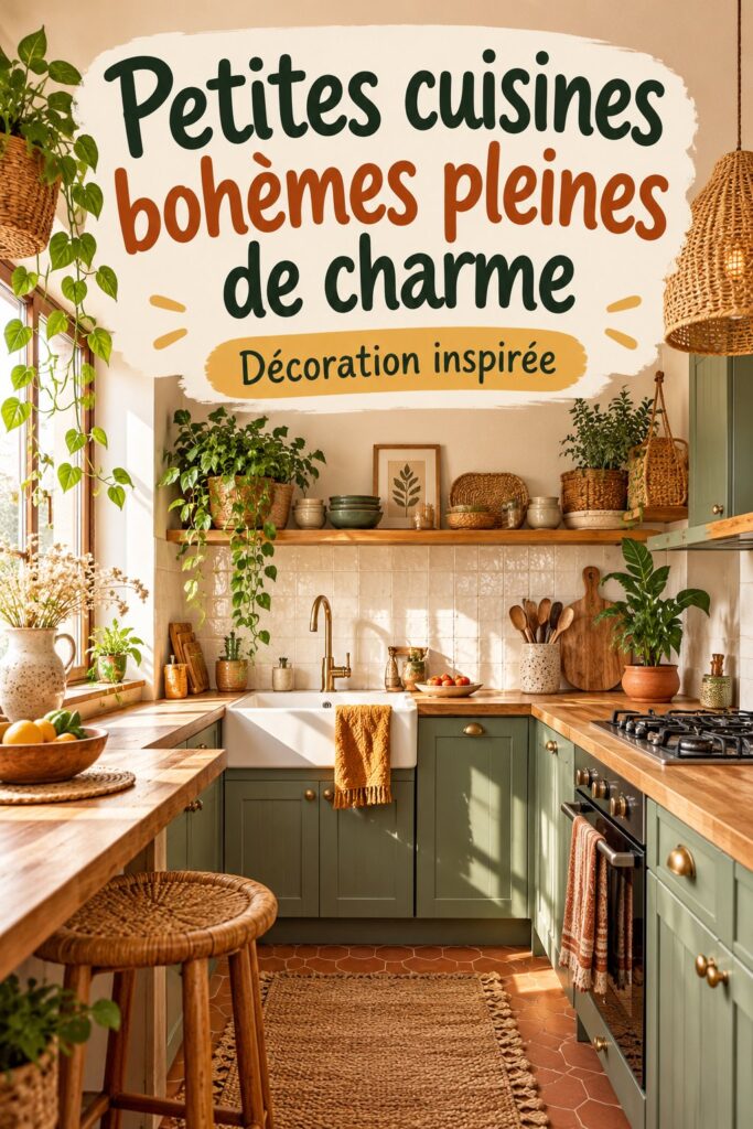 Cuisine bohème avec des éléments pratiques et chaleureux.