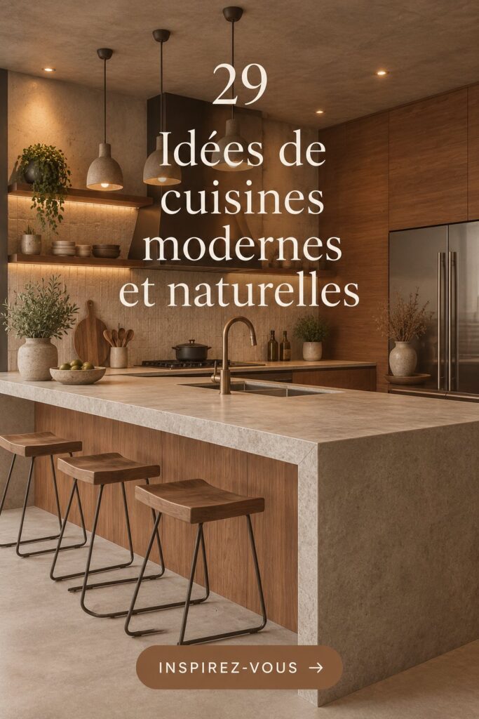 Cuisine moderne avec des éléments organiques, ambiance chaleureuse