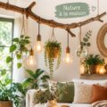 Un salon décoré avec des branches d'arbre en tant qu'élément central de la décoration, créant une ambiance chaleureuse et naturelle.