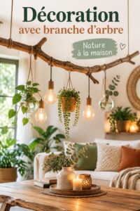 Un salon décoré avec des branches d'arbre en tant qu'élément central de la décoration, créant une ambiance chaleureuse et naturelle.