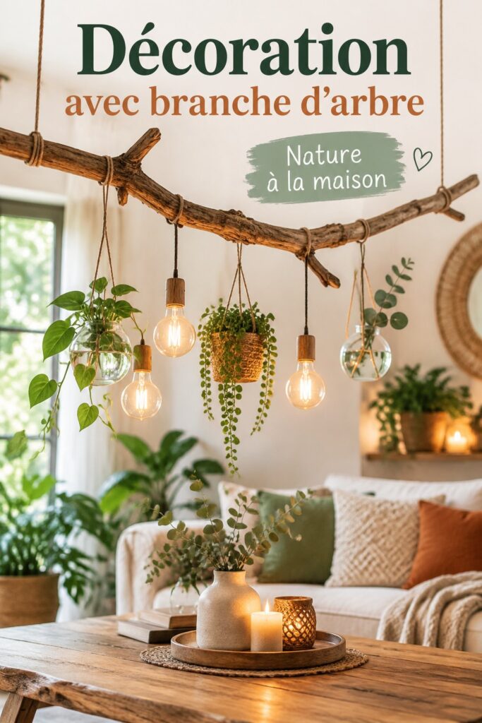 Un salon décoré avec des branches d'arbre en tant qu'élément central de la décoration, créant une ambiance chaleureuse et naturelle.