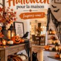 Un salon décoré pour Halloween avec des lanternes et des toiles d'araignée.