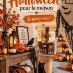 Un salon décoré pour Halloween avec des lanternes et des toiles d'araignée.