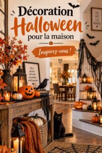 Un salon décoré pour Halloween avec des lanternes et des toiles d'araignée.