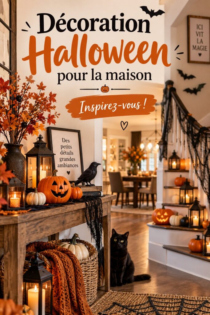 Un salon décoré pour Halloween avec des lanternes et des toiles d'araignée.