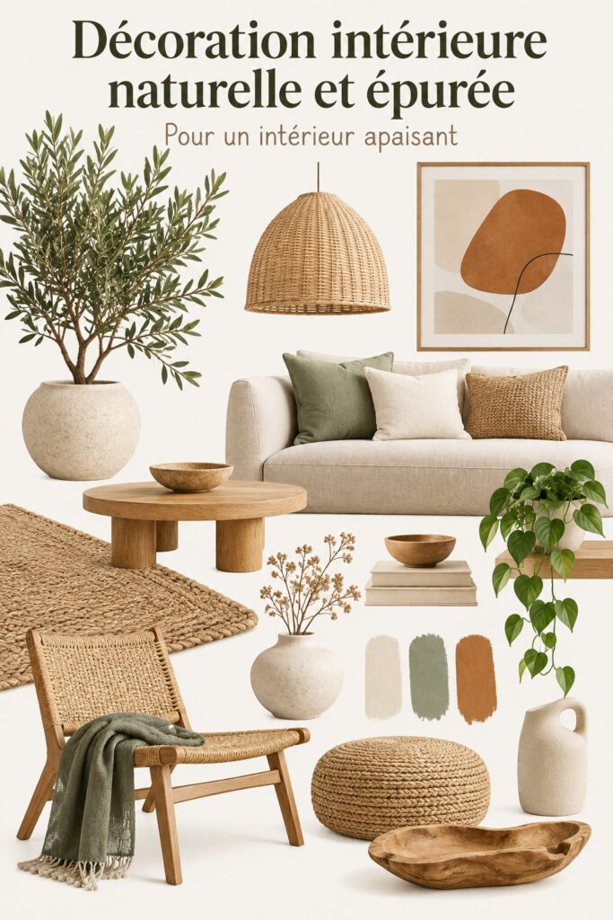 Salon avec décoration moderne et organique, comprenant des éléments naturels et des couleurs chaudes.