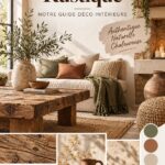 Salon de style rustique avec meubles en bois et textiles naturels.