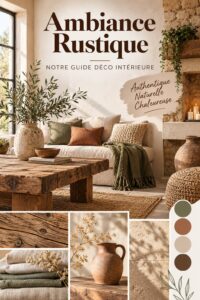 Salon de style rustique avec meubles en bois et textiles naturels.