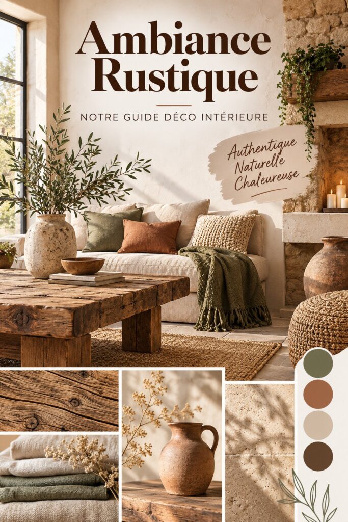 Salon de style rustique avec meubles en bois et textiles naturels.