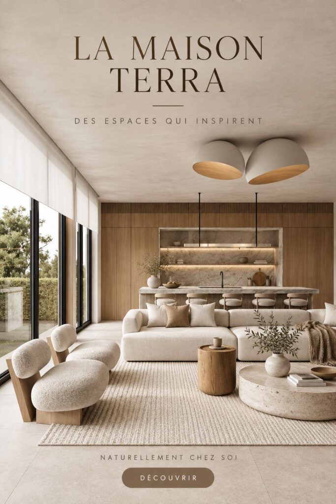 Salon aménagé dans le style Terra avec des matériaux naturels et une ambiance chaleureuse