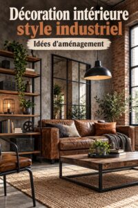 Salon décoré dans un style industriel avec des matériaux chaleureux