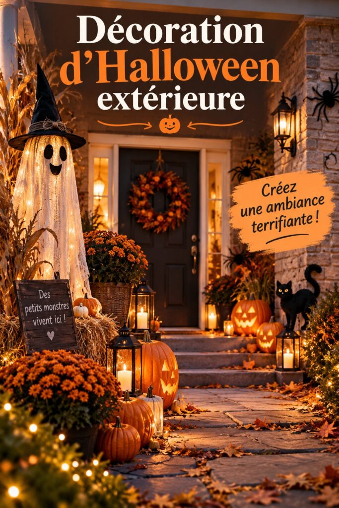 Décoration extérieure d'Halloween avec des lanternes et des citrouilles
