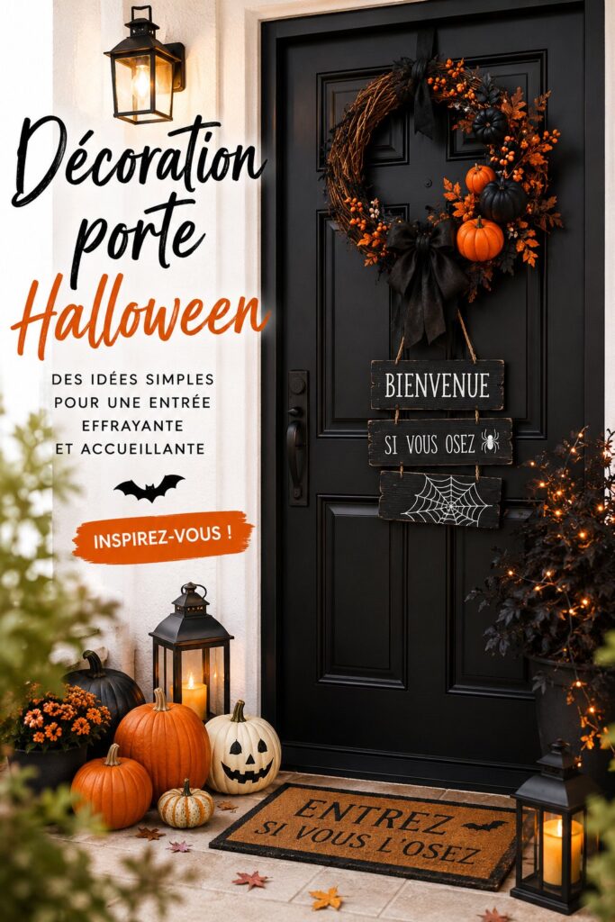 Porte décorée pour Halloween avec des éléments festifs et colorés.