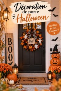 Porte décorée pour Halloween avec des toiles d'araignée et des lumières. Idées de décoration intérieure chaleureuses et festives.